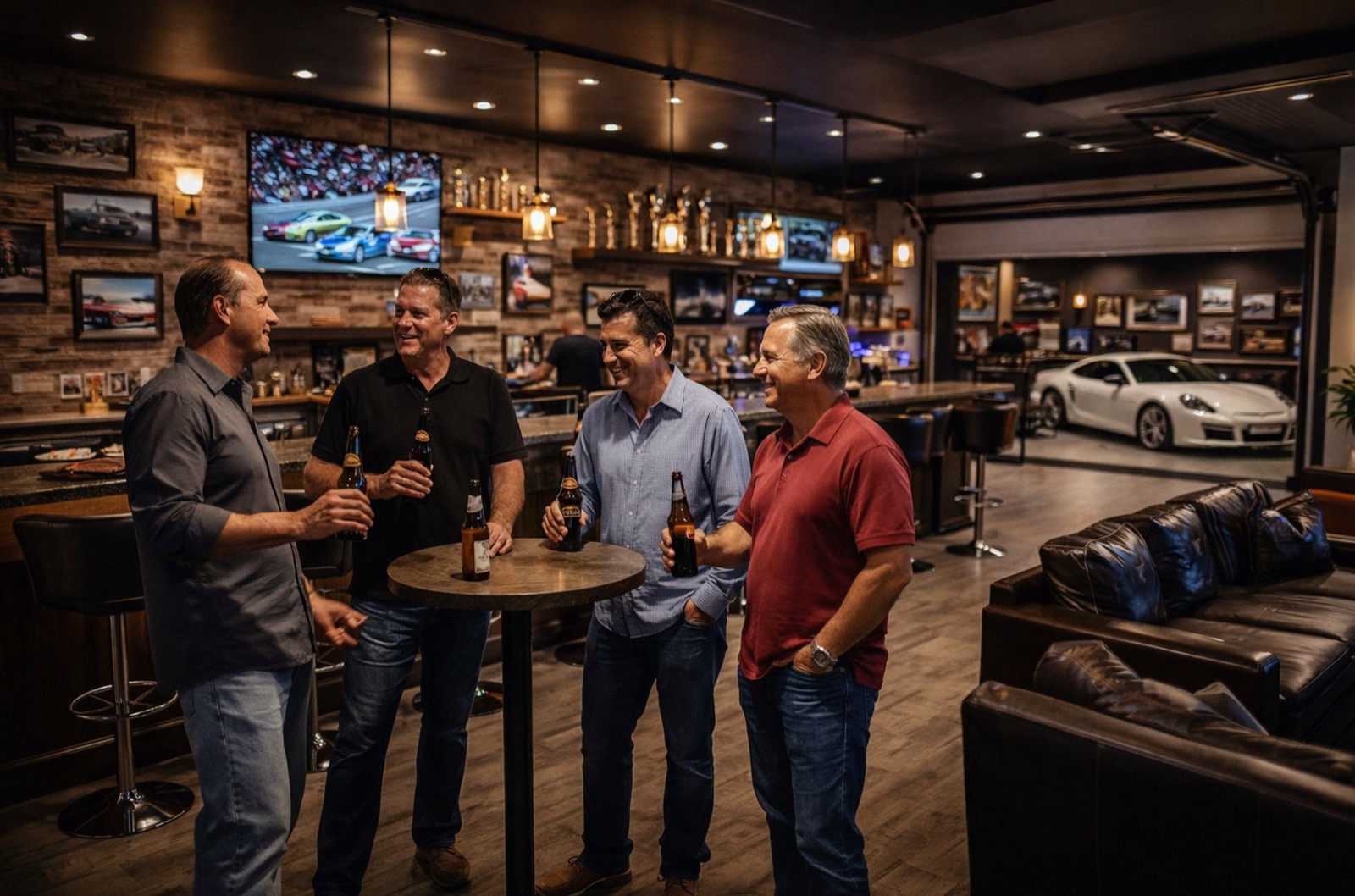 Owners talking over drinks in a clubhouse bar with a white Porsche parked inside