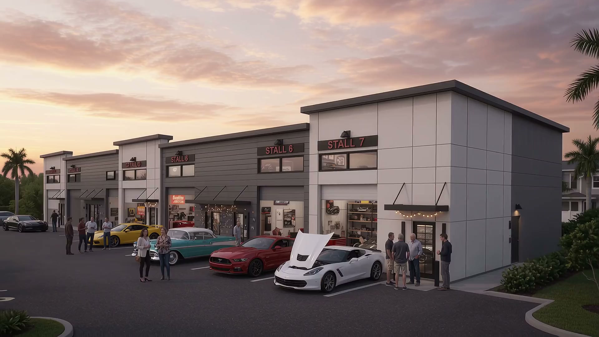 Rendering of The Auto Ranch at dusk: a row of private showroom units with collector cars parked outside and owners gathered