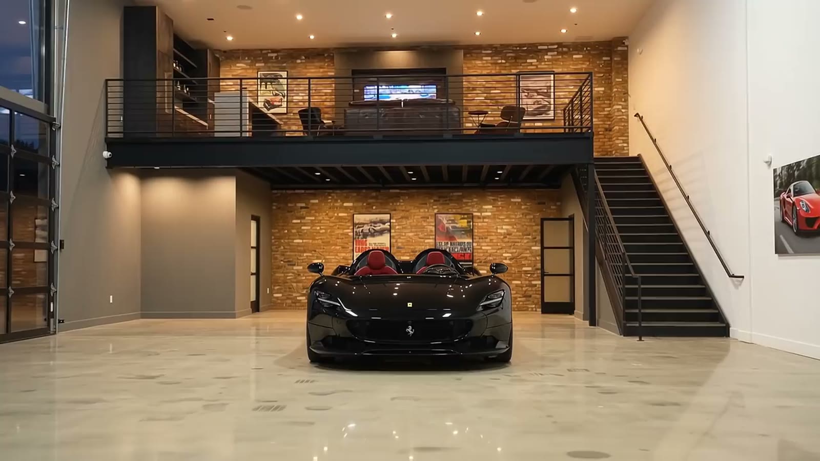 Finished unit with a brick-walled mezzanine lounge above a black roadster