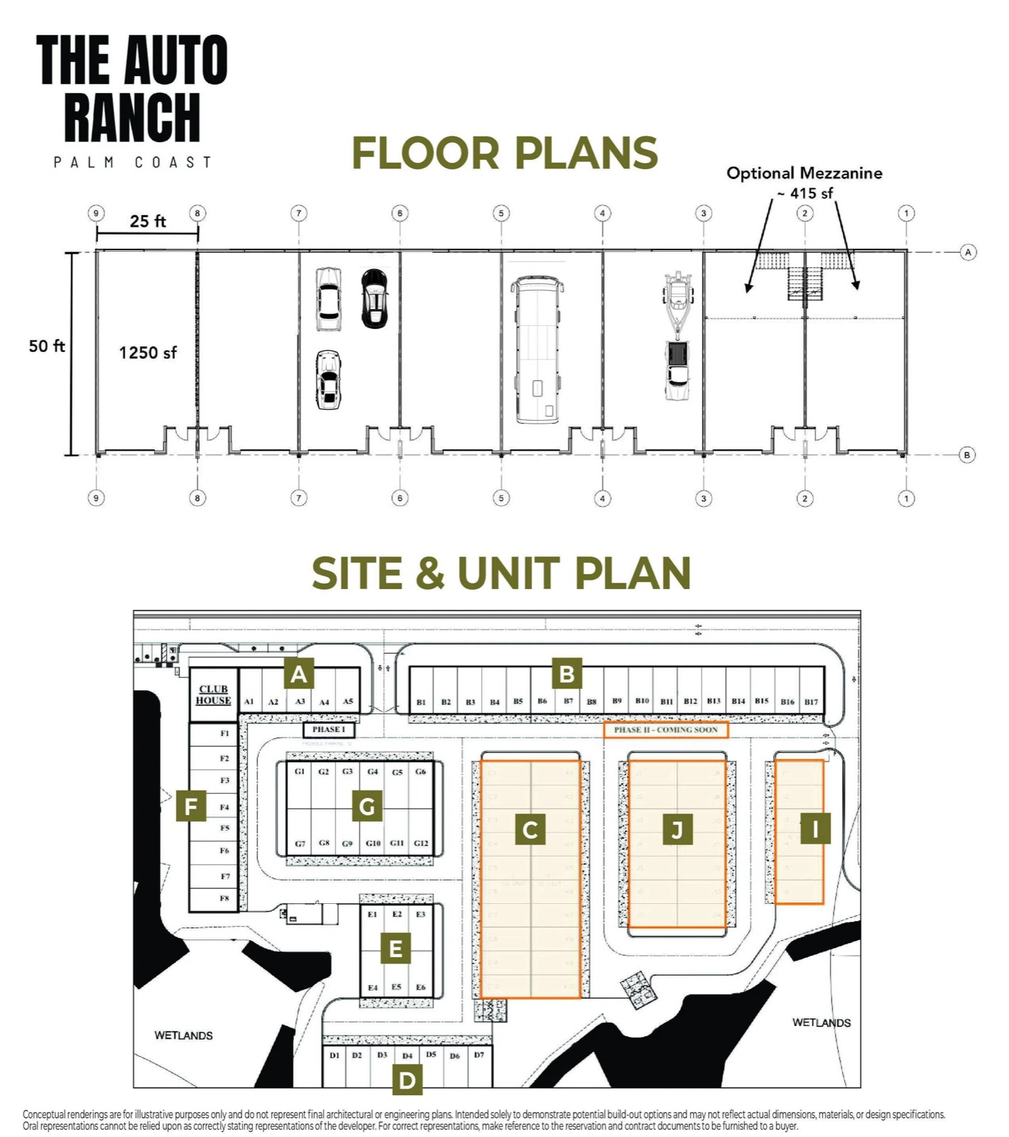 Floor plan and site plan of The Auto Ranch showing unit dimensions and building phases